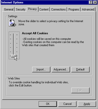 Internet Options dialog box, Privacy tab
