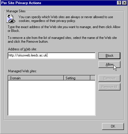 Manage sites dialog box